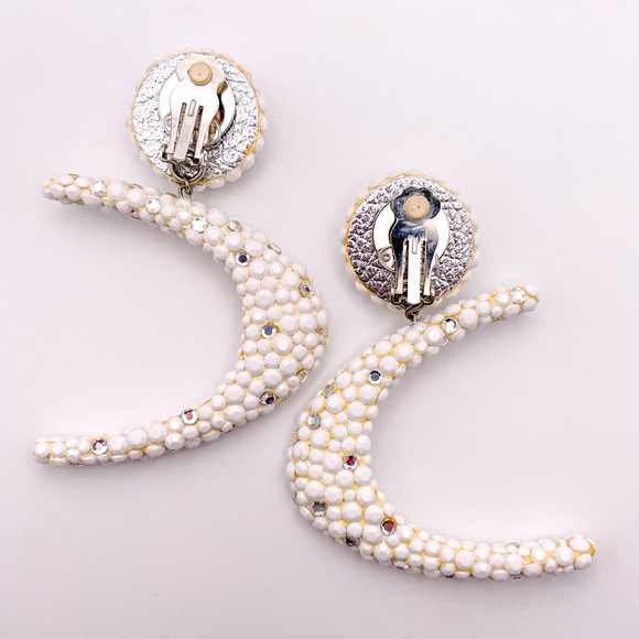 Rare Vintage Couture James Arpad Rhinestone Clipon White Abstract Large Earrings - Picture 10 of 16